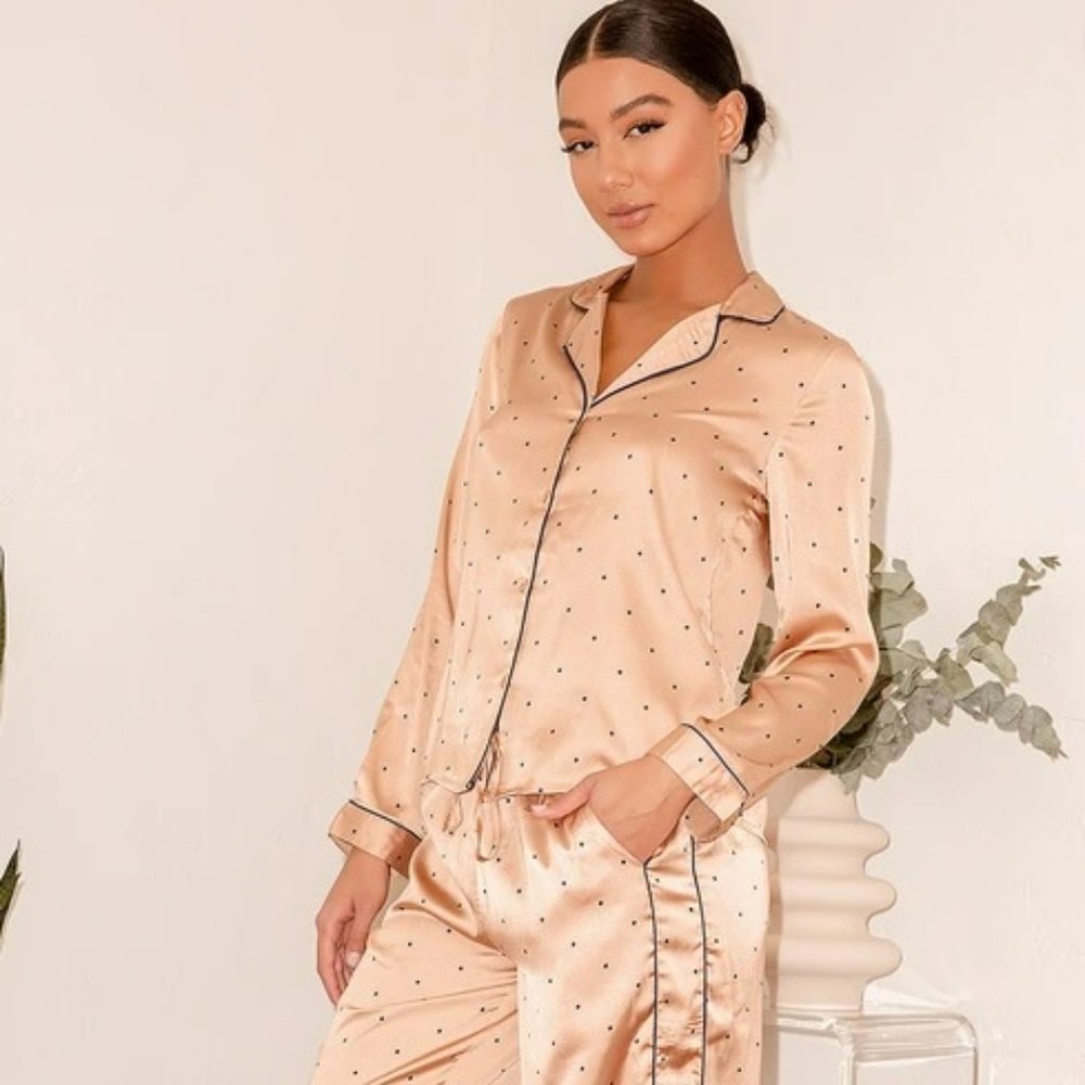 Vero Moda Fanny Beige Polka Dot Satin Two-Piece Pajama Set - XS - Like New